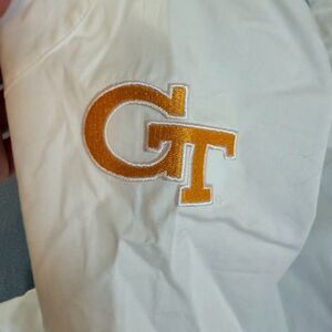 Georgia Tech-Meesh & Mia-Women’s White Button Down-Short/Tab Sleeve Rib Panel XL